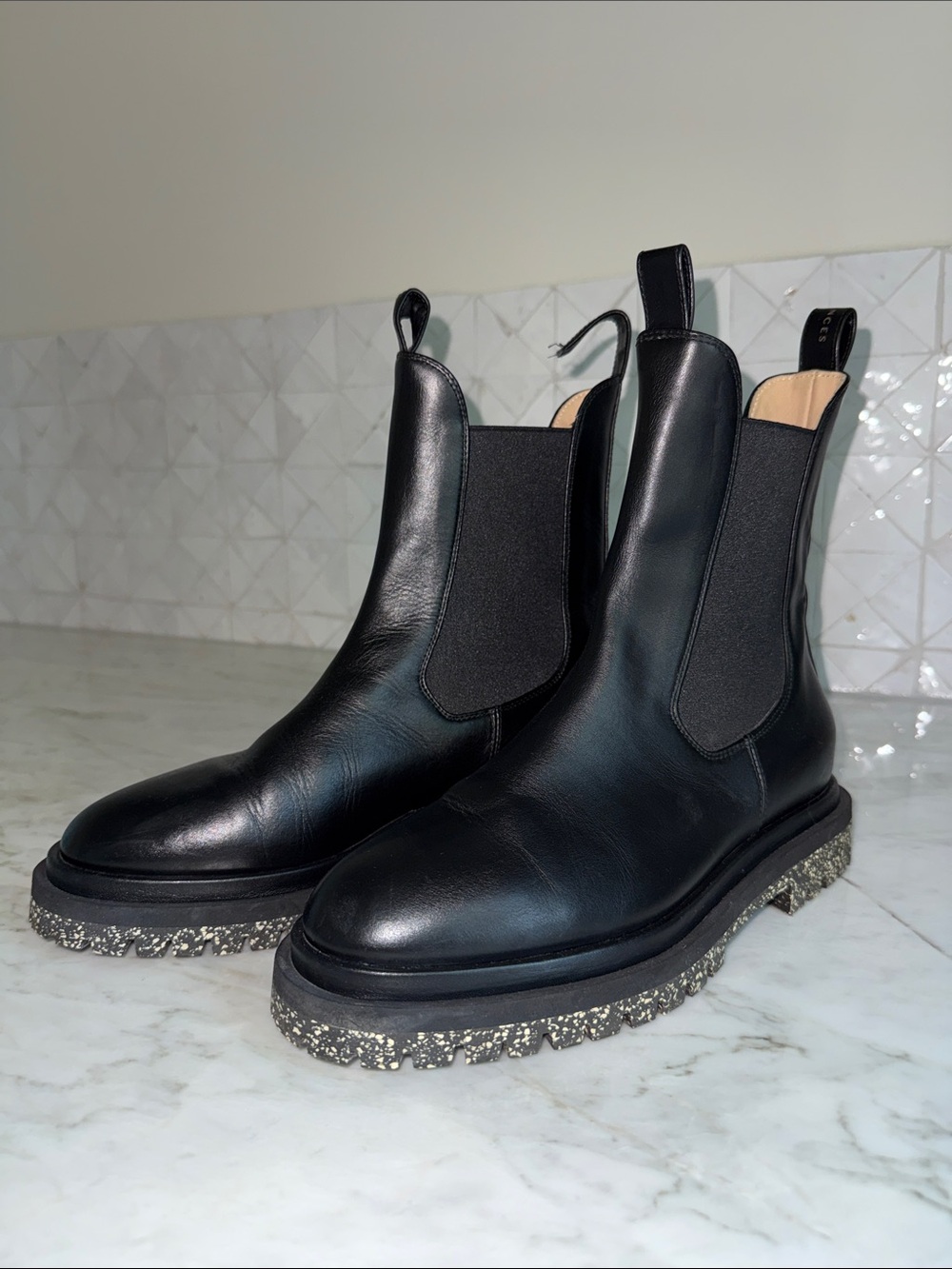 Dear Frances Black Leather Tony Boots with Speckled Lug Sole